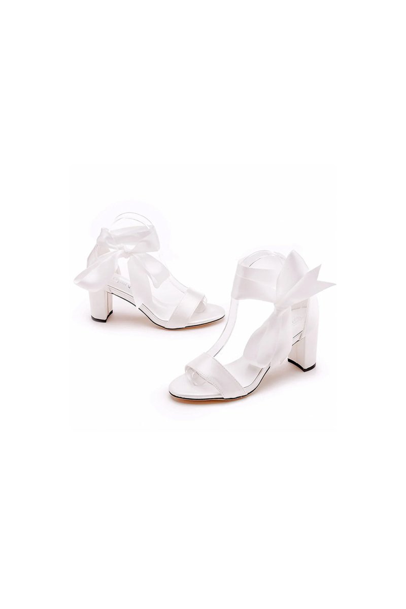 Ivory Satin Tied Open Toe Ankle Strap Chunky Heel Sandals - KissProm