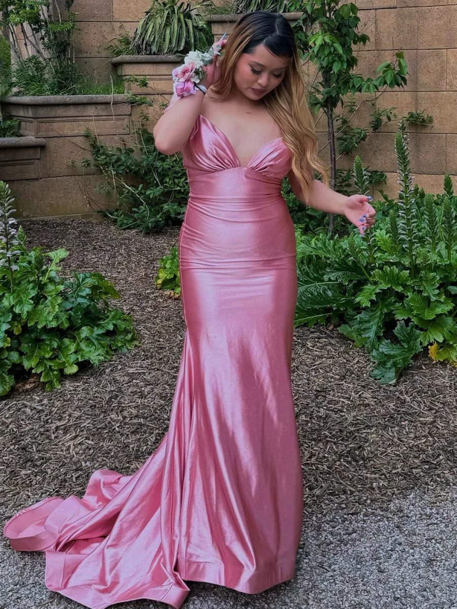 Ixia | V Neck Pink Satin Mermaid Sleeveless Long Prom Dress - KissProm