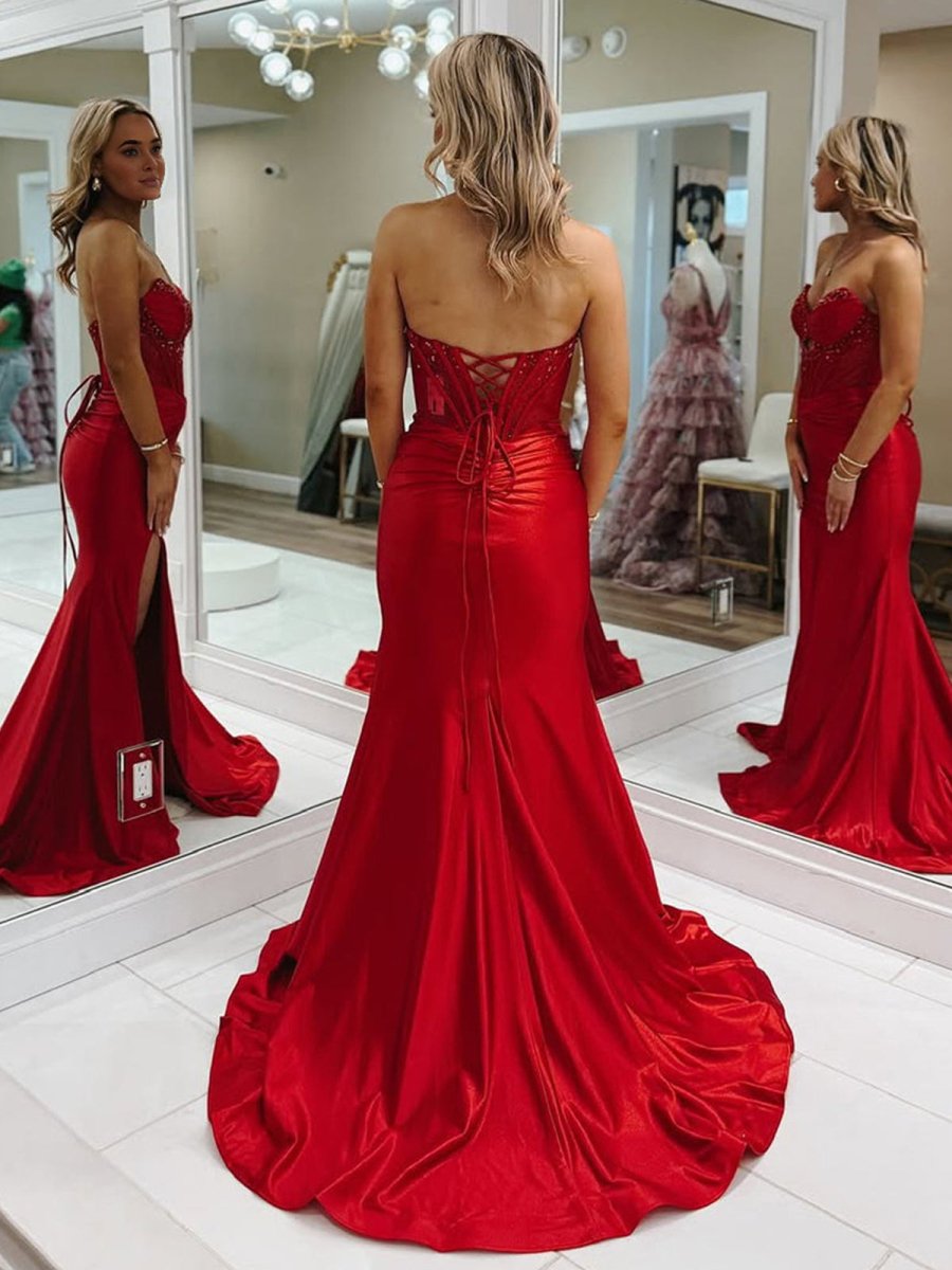 Izzy | Mermaid Strapless Keyhole Red Satin Long Prom Dresses with Slit - KissProm