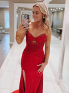 Izzy | Mermaid Strapless Keyhole Red Satin Long Prom Dresses with Slit - KissProm