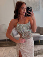 Jacqueline | Mermaid Champagne Strapless Sequins Long Prom Dresses with Slit - KissProm