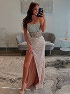 Jacqueline | Mermaid Champagne Strapless Sequins Long Prom Dresses with Slit - KissProm