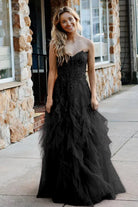 Kaycee | A - Line Coral Tulle Strapless Layered Prom Dress with Appliques - KissProm