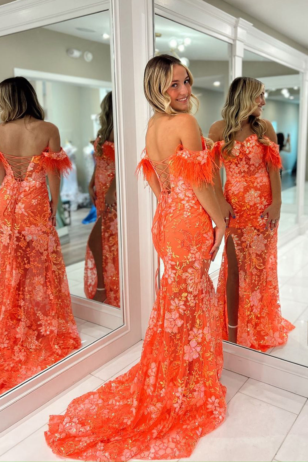 Jalea | Orange Sweetheart Mermaid Lace Long Prom Dresses With Split