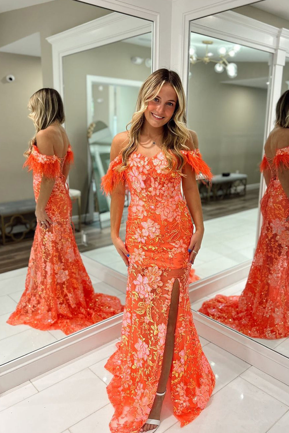 Jalea | Orange Sweetheart Mermaid Lace Long Prom Dresses With Split