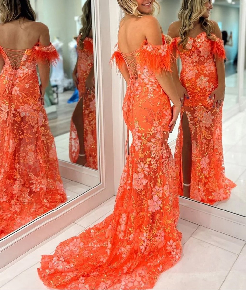 Jalea | Orange Sweetheart Mermaid Lace Long Prom Dresses With Split - KissProm