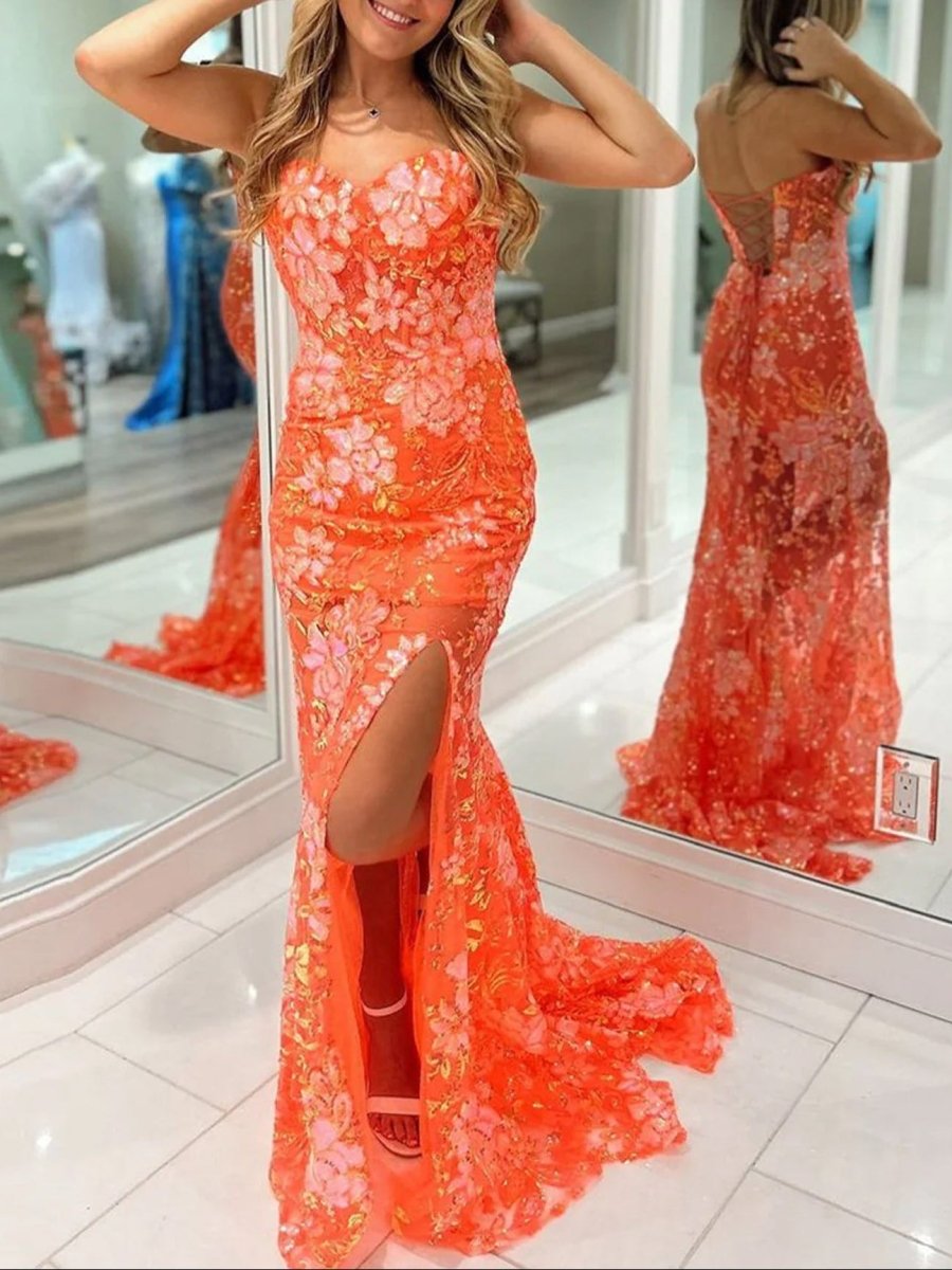 Jalea | Orange Sweetheart Mermaid Lace Long Prom Dresses With Split - KissProm