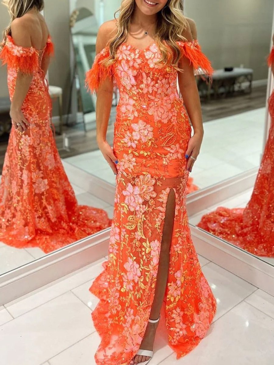 Jalea | Orange Sweetheart Mermaid Lace Long Prom Dresses With Split - KissProm