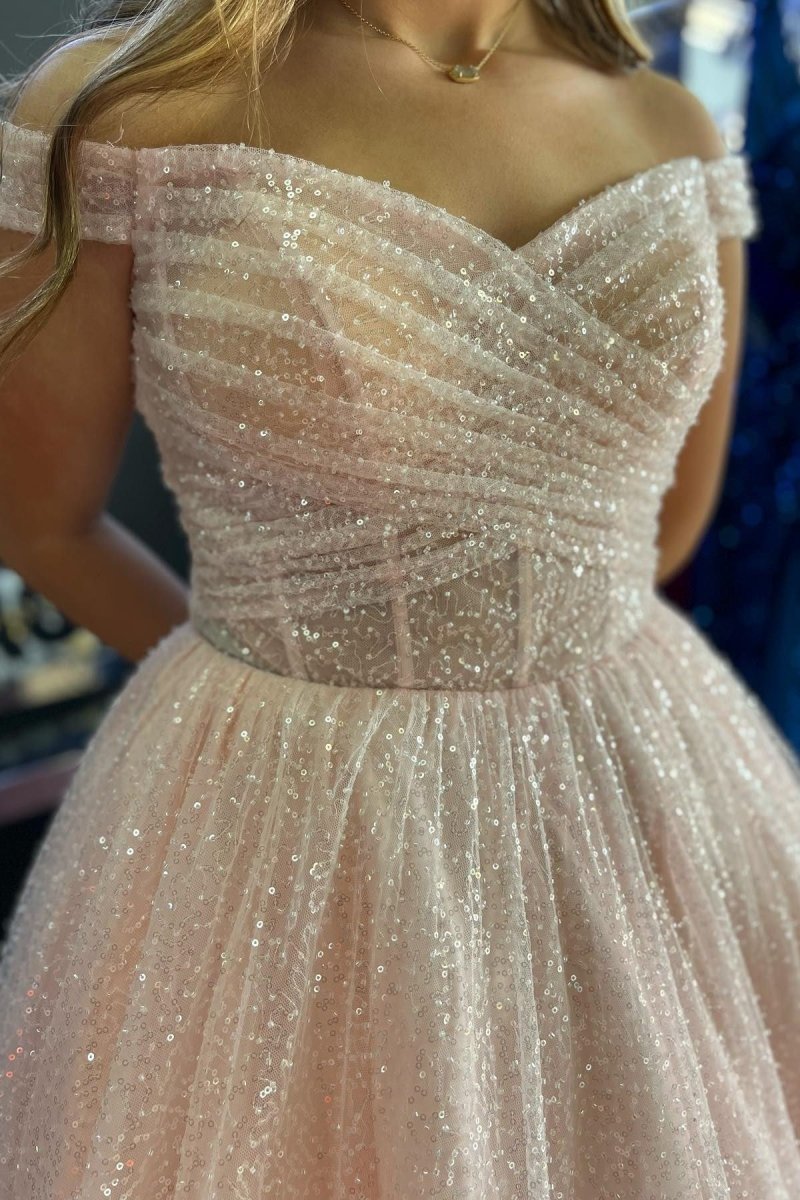 Jayla | Sparkly Blush Pink Off - the - Shoulder Surplice Long Prom Dress - KissProm