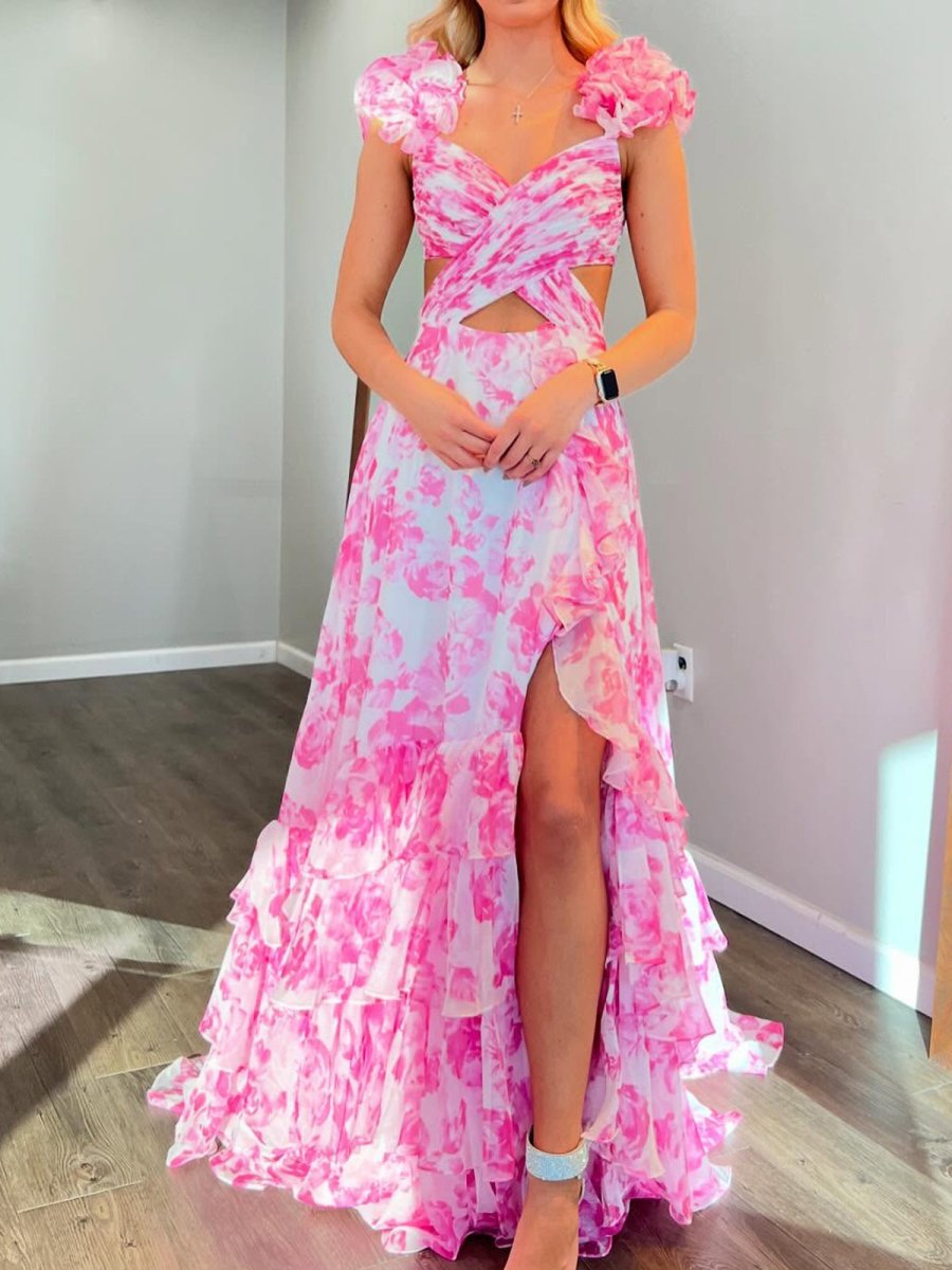 Jazzy | V Neck A - line Floral Printed Chiffon Slit Prom Dress - KissProm