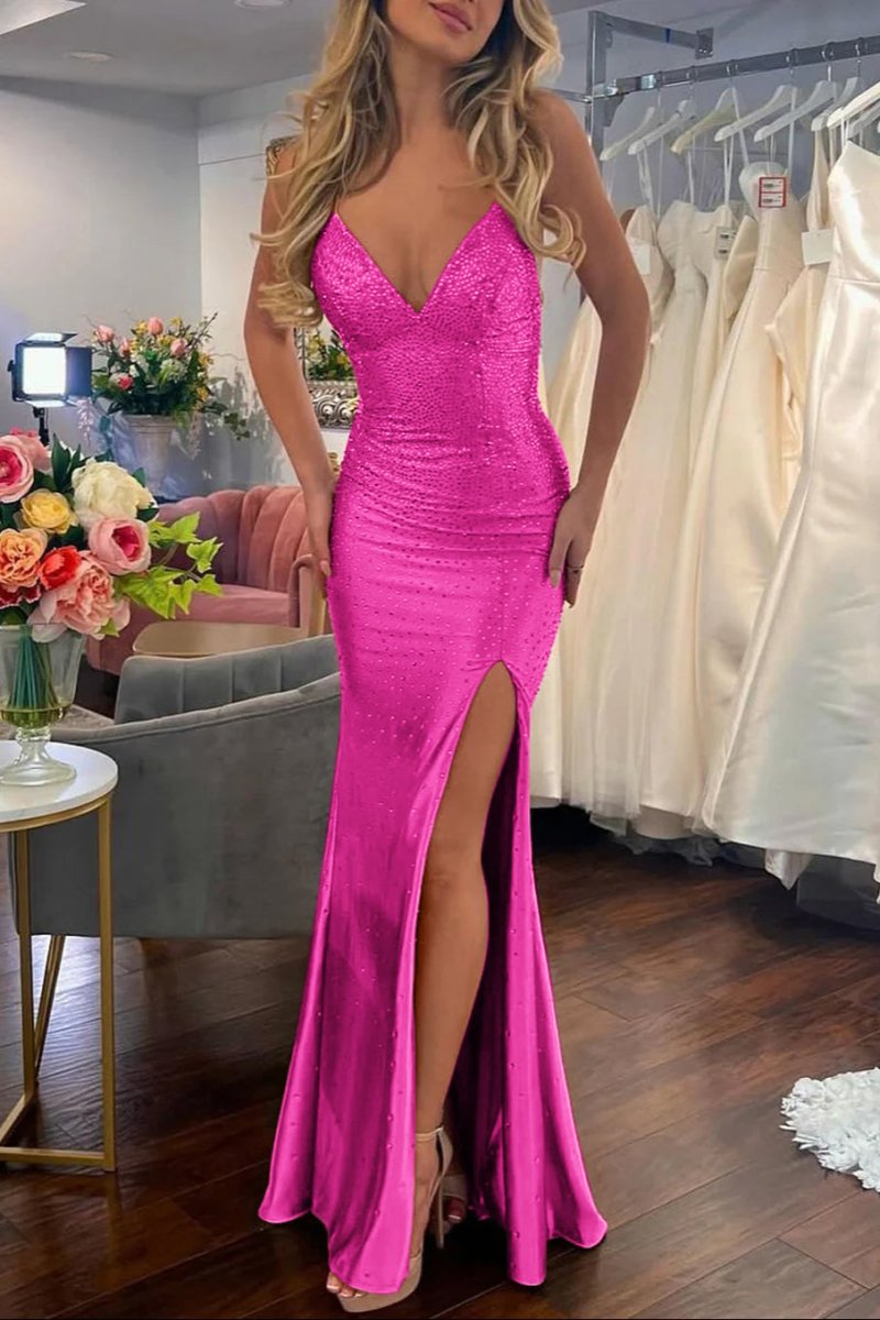 Jean | Sexy Mermaid V Neck Gold Satin Slit Prom Dress with Hot Stone - KissProm