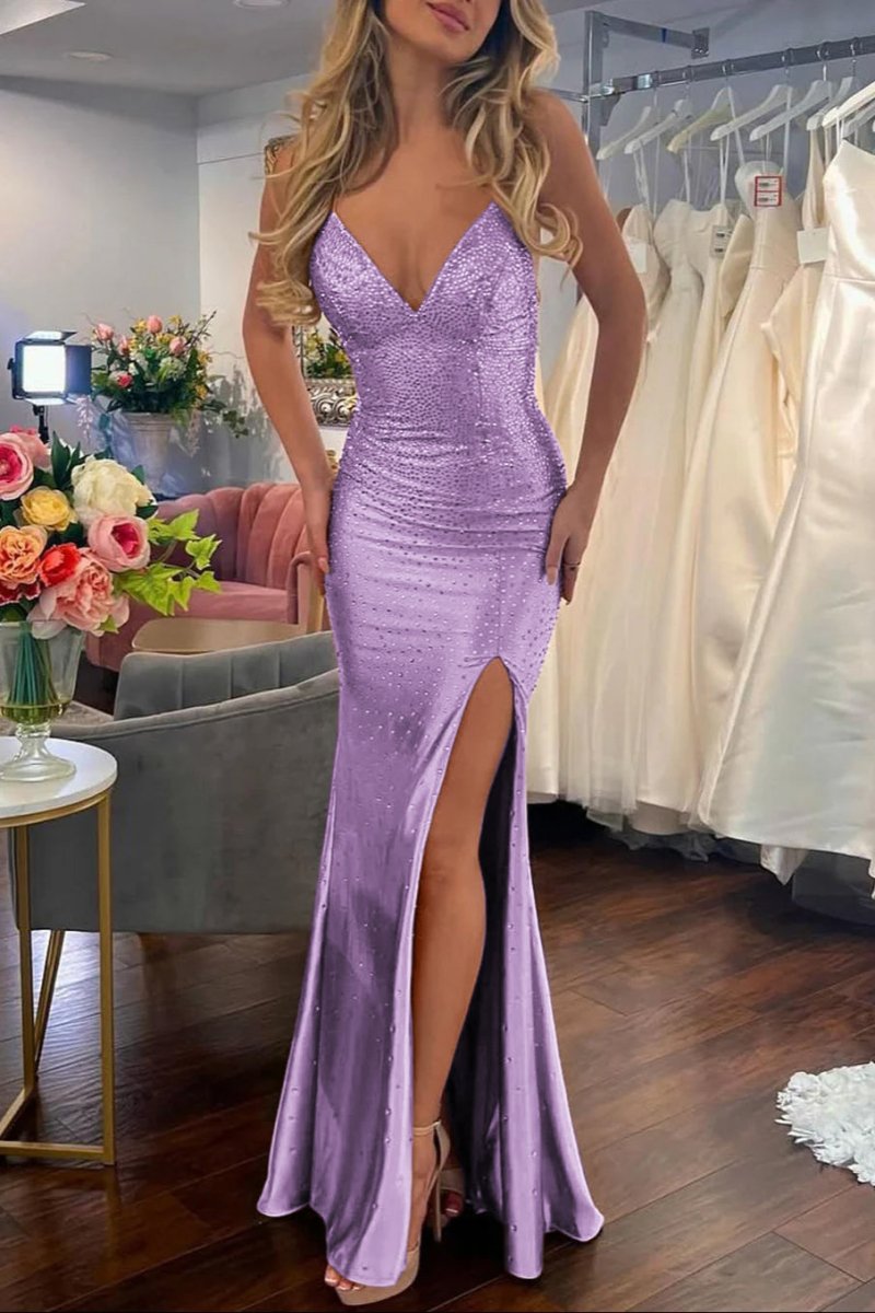 Jean | Sexy Mermaid V Neck Gold Satin Slit Prom Dress with Hot Stone - KissProm