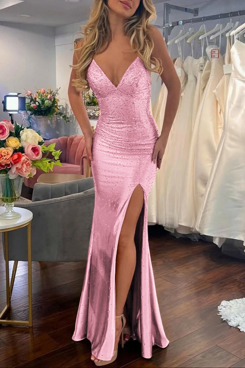 Jean | Sexy Mermaid V Neck Gold Satin Slit Prom Dress with Hot Stone - KissProm