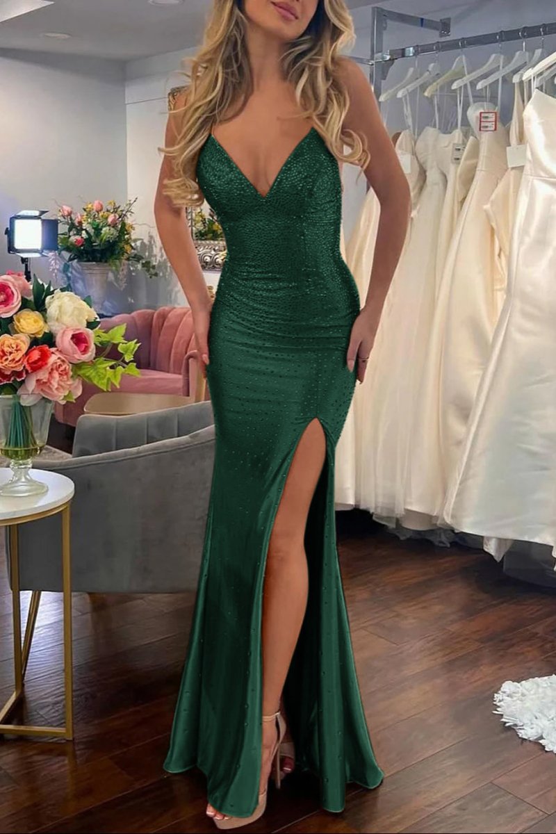 Jean | Sexy Mermaid V Neck Gold Satin Slit Prom Dress with Hot Stone - KissProm