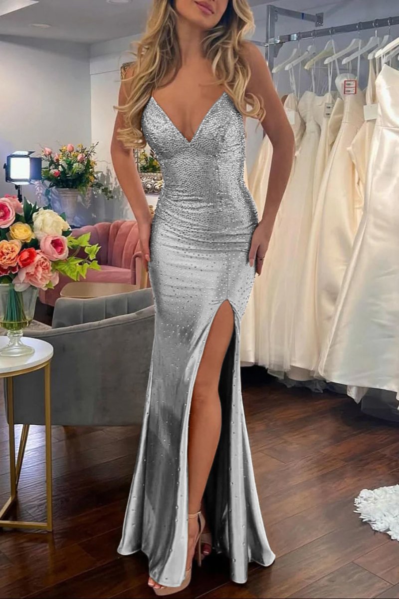 Jean | Sexy Mermaid V Neck Gold Satin Slit Prom Dress with Hot Stone - KissProm