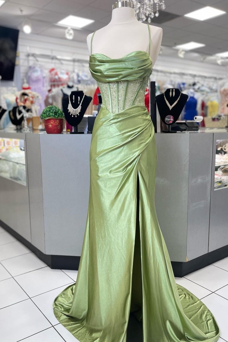 Jeni | Sage Scoop Neck Satin Mermaid Long Prom Dress with Slit - KissProm