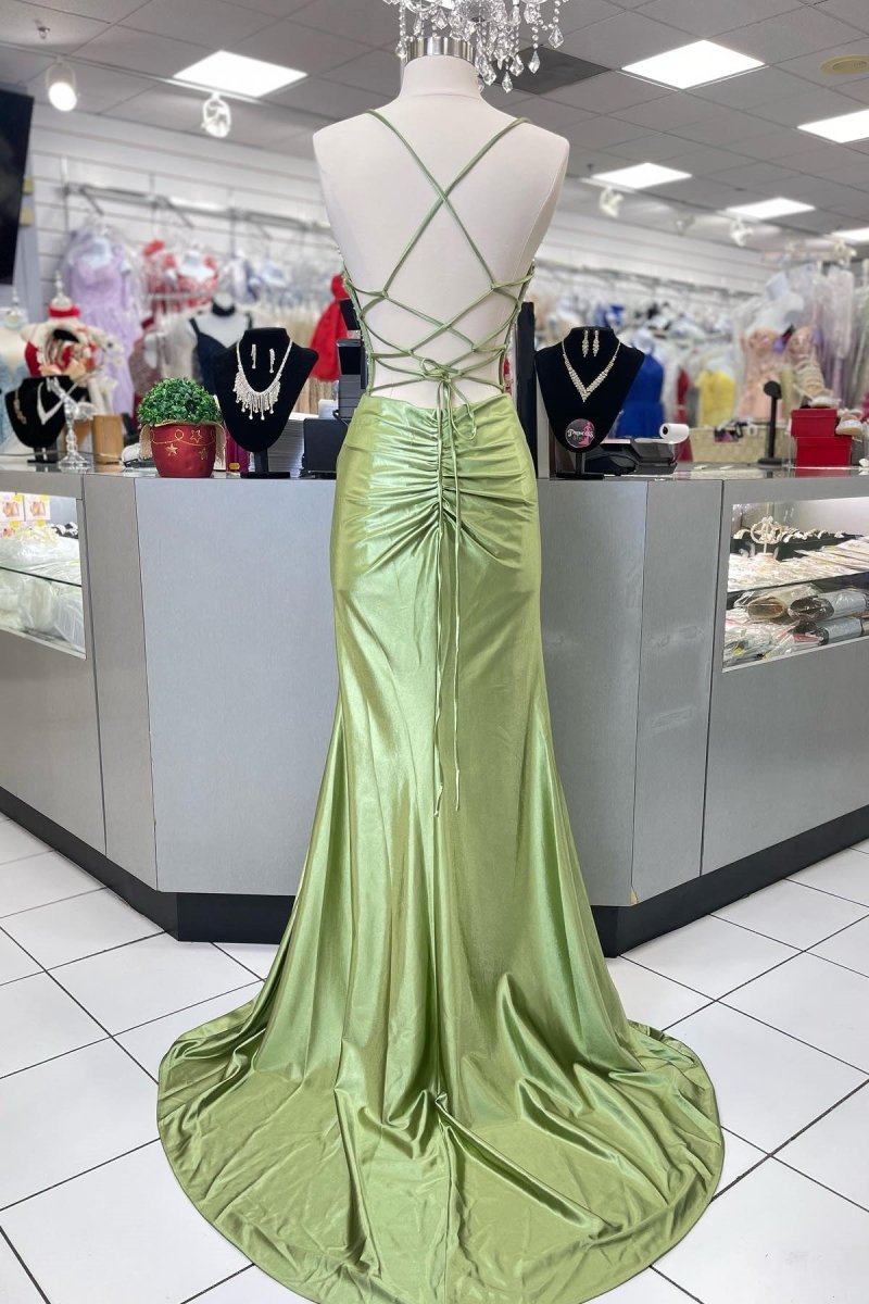 Jeni | Sage Scoop Neck Satin Mermaid Long Prom Dress with Slit - KissProm