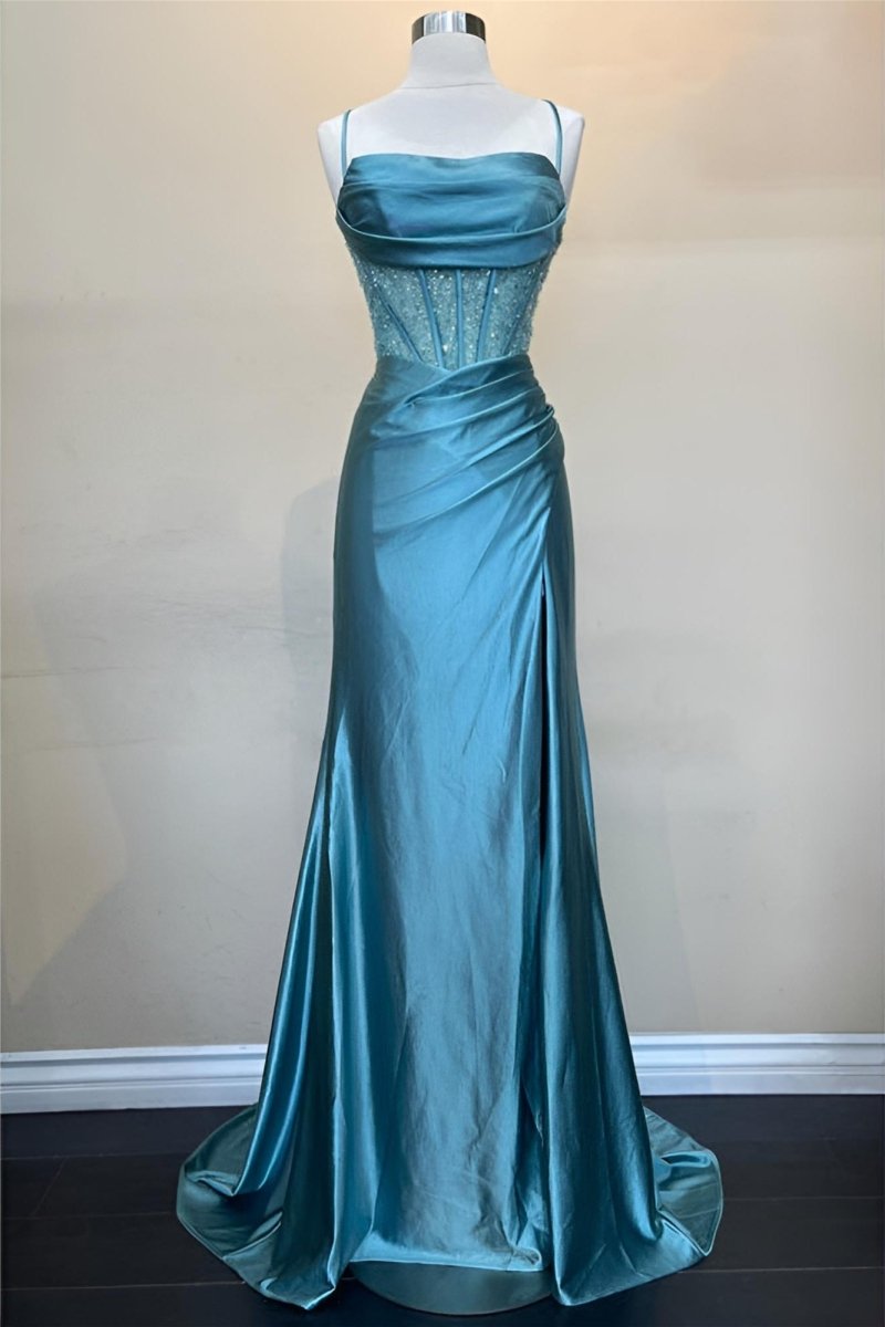 Jeni | Sage Scoop Neck Satin Mermaid Long Prom Dress with Slit - KissProm