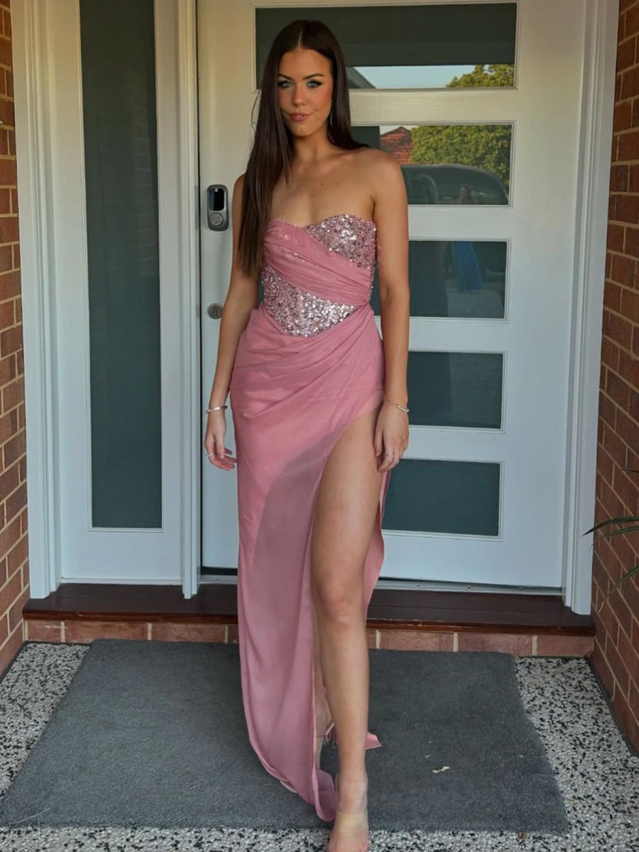 Jenna | Strapless Sequin Mermaid Prom Dress With Split - KissProm