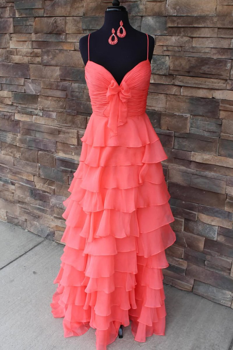 Jensyn | A Line Spaghetti Straps Yellow Long Prom Dress with Ruffles - KissProm