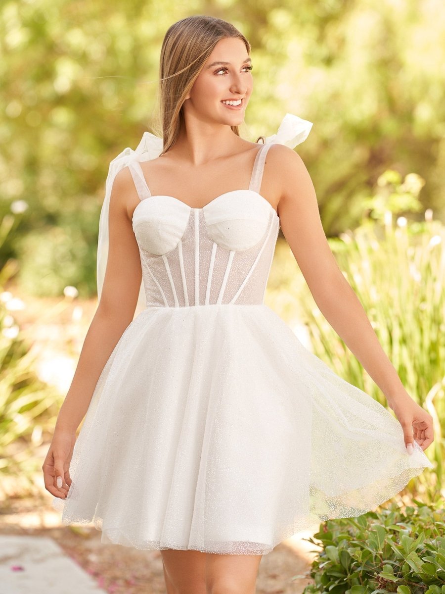 Jessalyn | A - Line Tie Shoulder Ivory Spraying Short Party Dress - KissProm