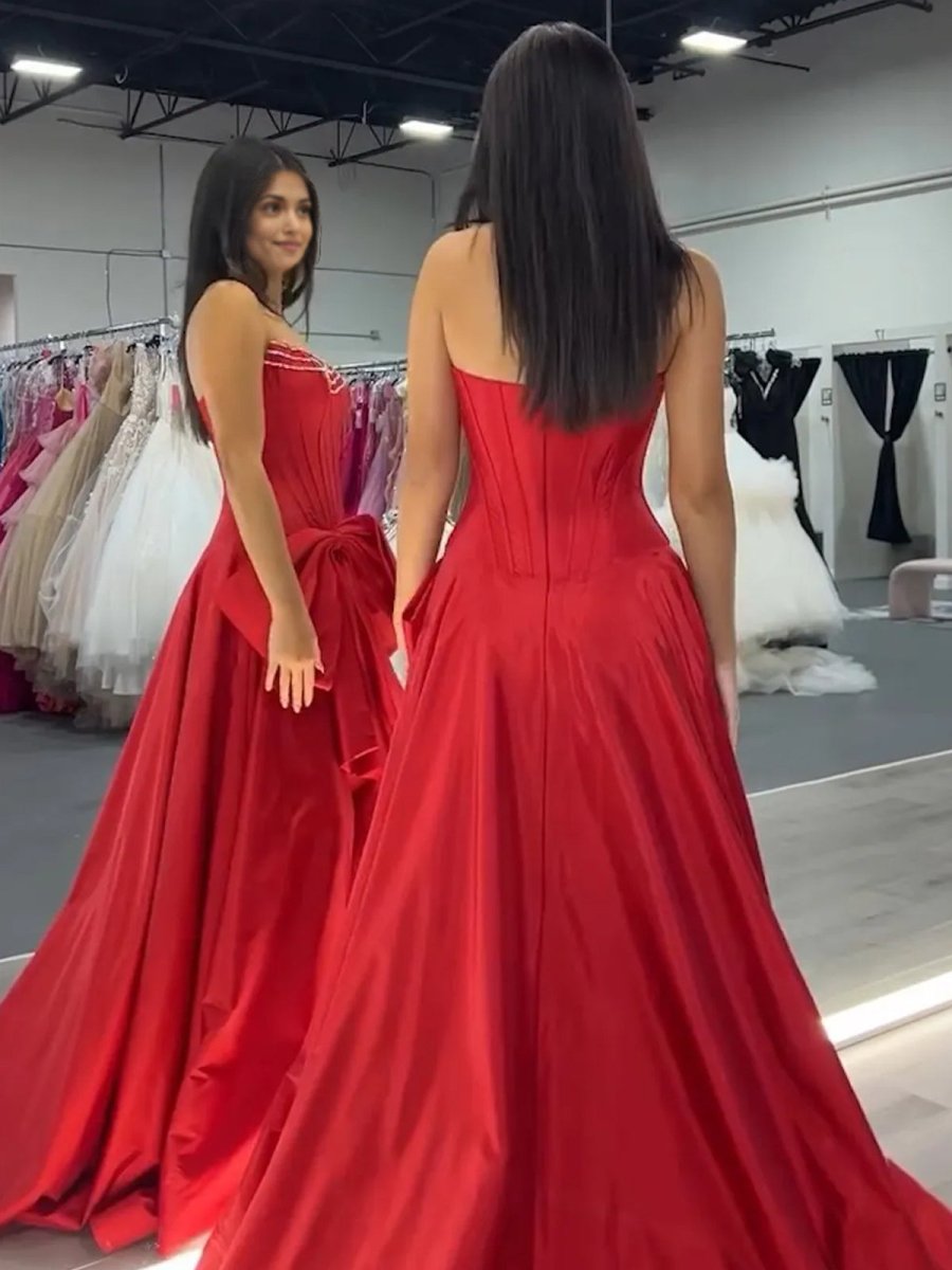 Jhenee | Trendy Red Strapless A - Line Satin Long Corset Prom Dress with Bow - KissProm