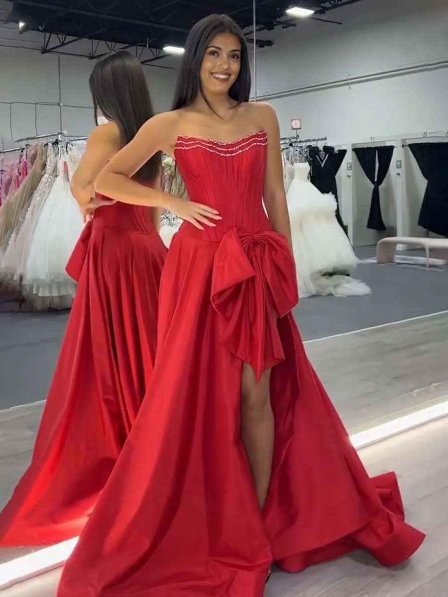 Jhenee | Trendy Red Strapless A - Line Satin Long Corset Prom Dress with Bow - KissProm