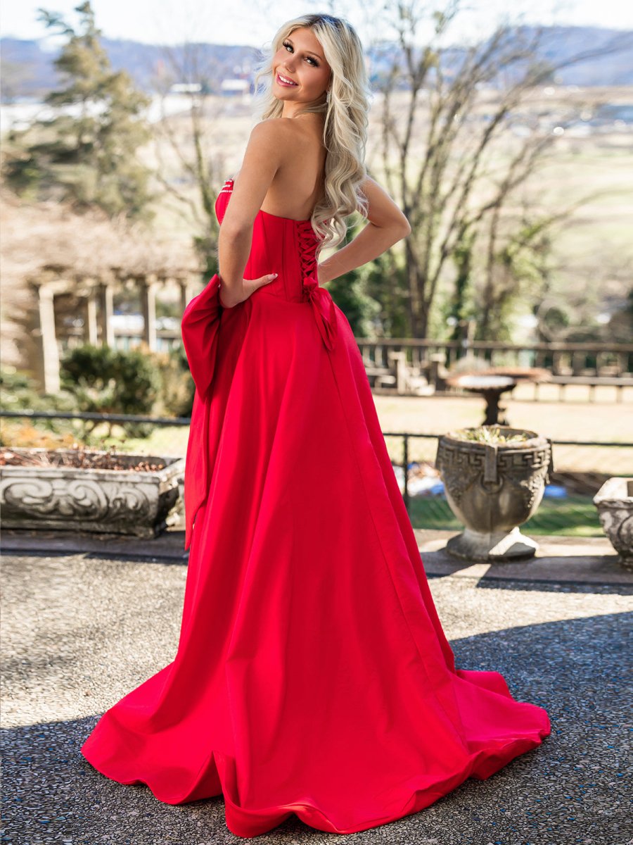 Jhenee | Trendy Red Strapless A - Line Satin Long Corset Prom Dress with Bow - KissProm