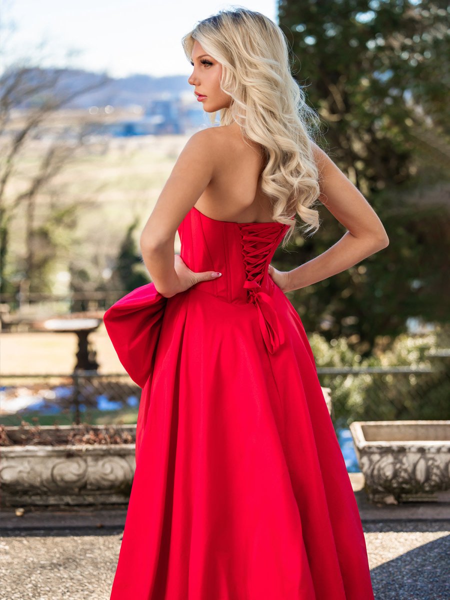 Jhenee | Trendy Red Strapless A - Line Satin Long Corset Prom Dress with Bow - KissProm