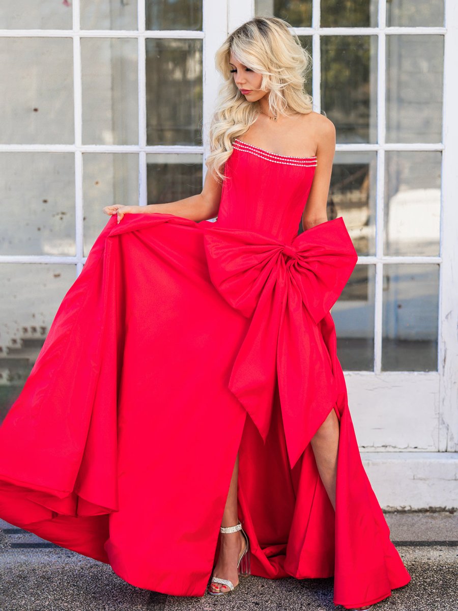 Jhenee | Trendy Red Strapless A - Line Satin Long Corset Prom Dress with Bow - KissProm