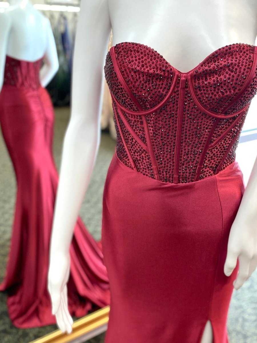 Joanni | Burgundy Beaded Sweetheart Mermaid Long Prom Dress - KissProm