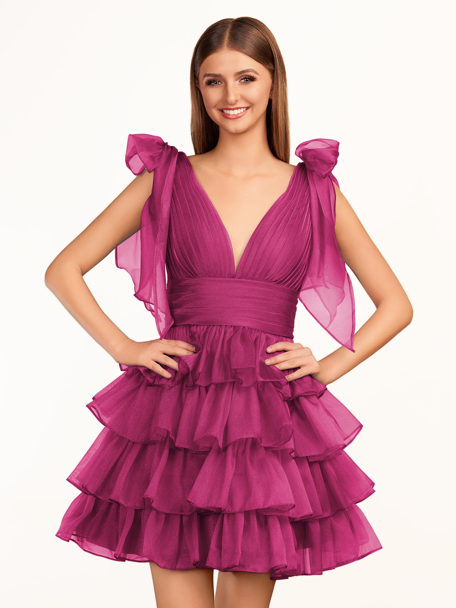 KissProm Trendy  A-Line Royal Blue Tiered Homecoming Dress with Bow | Crafted from durable polyester, the V-neckline frames your face beautifully. Shine bright on your special night in this comfortable and luxurious dress.