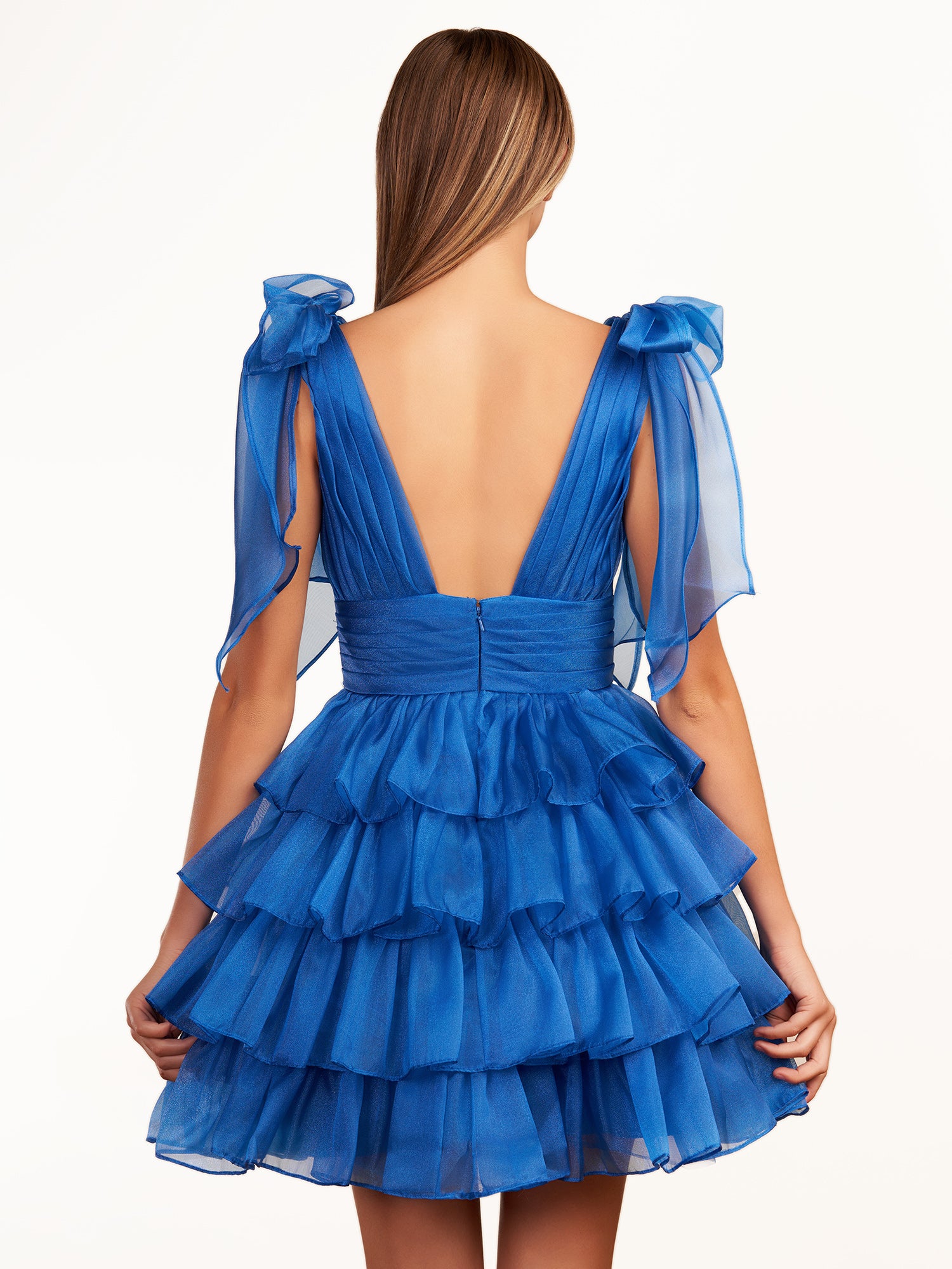 KissProm Trendy  A-Line Royal Blue Tiered Homecoming Dress with Bow | Crafted from durable polyester, the V-neckline frames your face beautifully. Shine bright on your special night in this comfortable and luxurious dress.