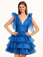 KissProm Trendy  A-Line Royal Blue Tiered Homecoming Dress with Bow | Crafted from durable polyester, the V-neckline frames your face beautifully. Shine bright on your special night in this comfortable and luxurious dress.