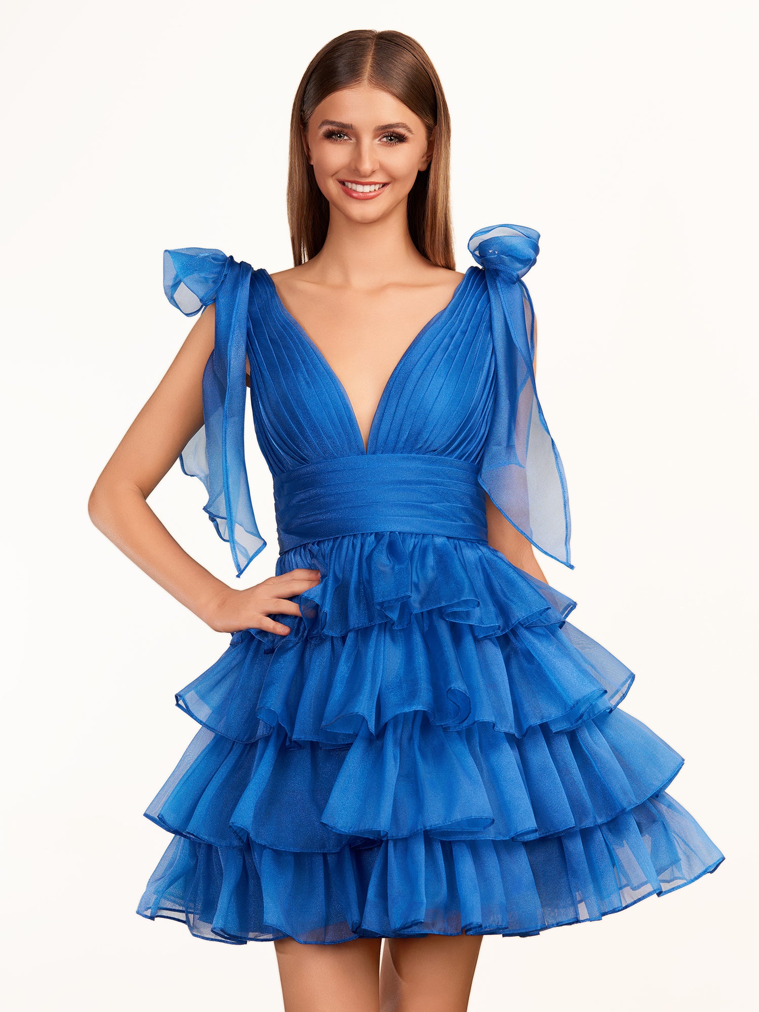 KissProm Trendy  A-Line Royal Blue Tiered Homecoming Dress with Bow | Crafted from durable polyester, the V-neckline frames your face beautifully. Shine bright on your special night in this comfortable and luxurious dress.