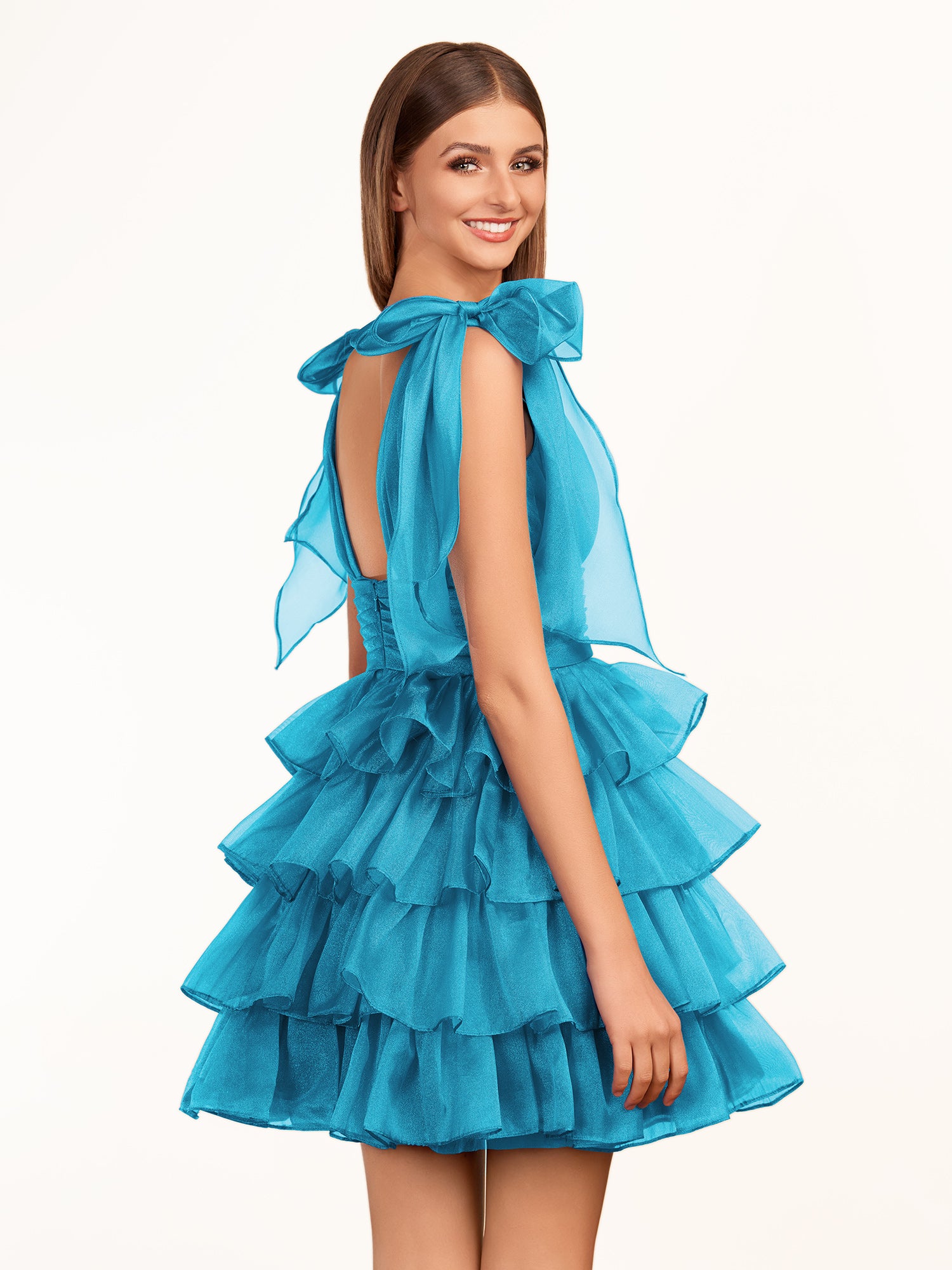 KissProm Trendy  A-Line Royal Blue Tiered Homecoming Dress with Bow | Crafted from durable polyester, the V-neckline frames your face beautifully. Shine bright on your special night in this comfortable and luxurious dress.