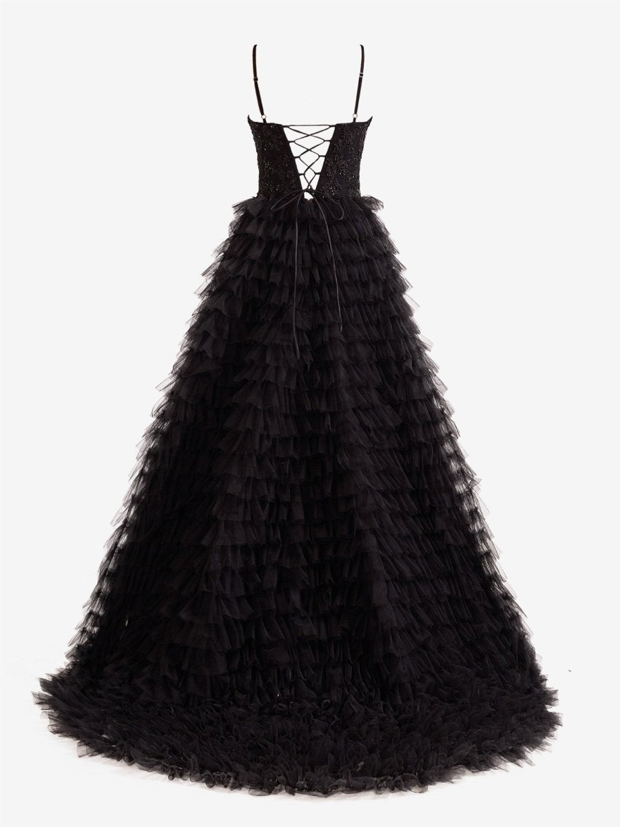 Jordan | Black A - Line Tiered Sequins Tulle Long Prom Dress - KissProm