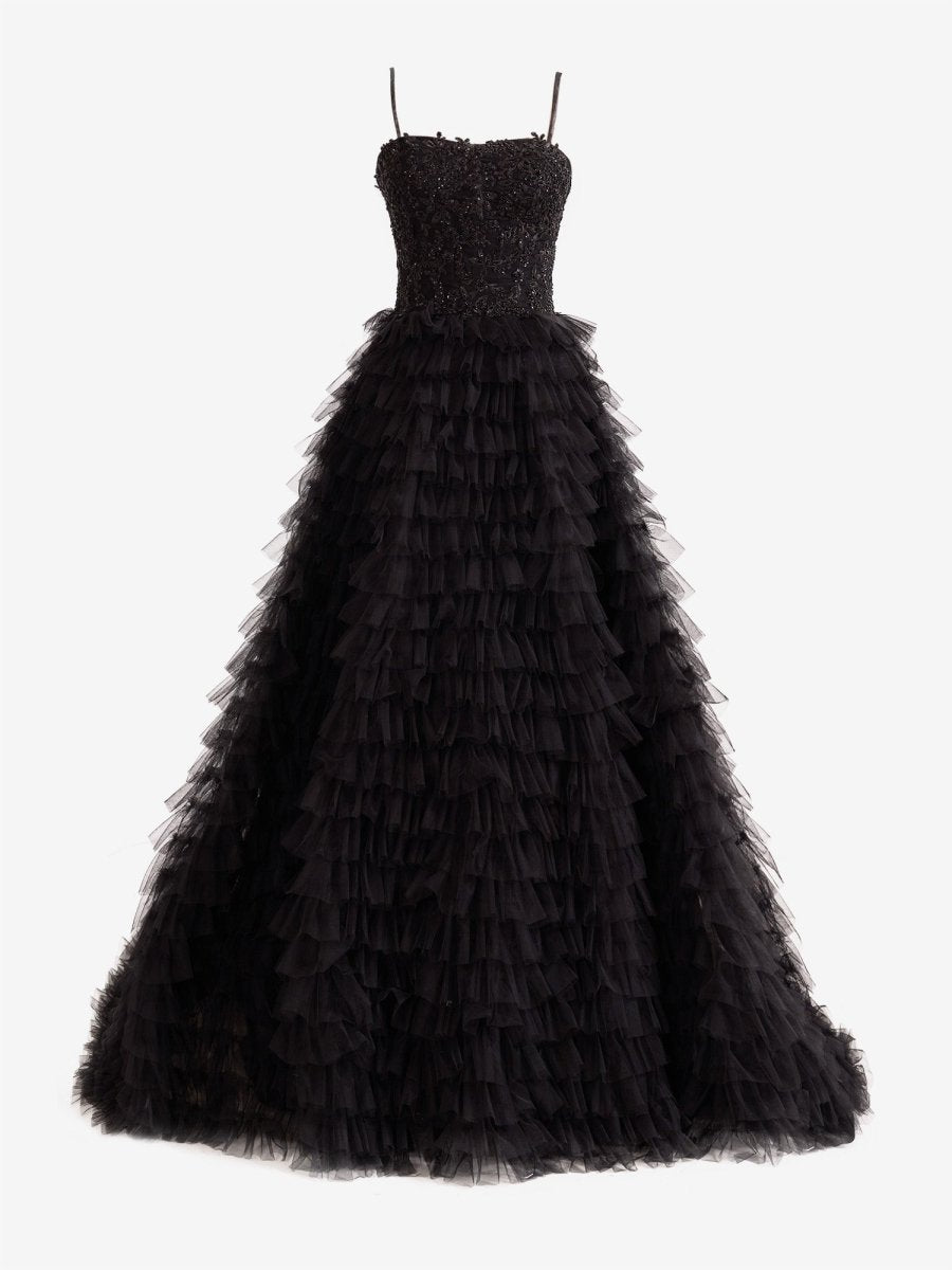 Jordan | Black A - Line Tiered Sequins Tulle Long Prom Dress - KissProm