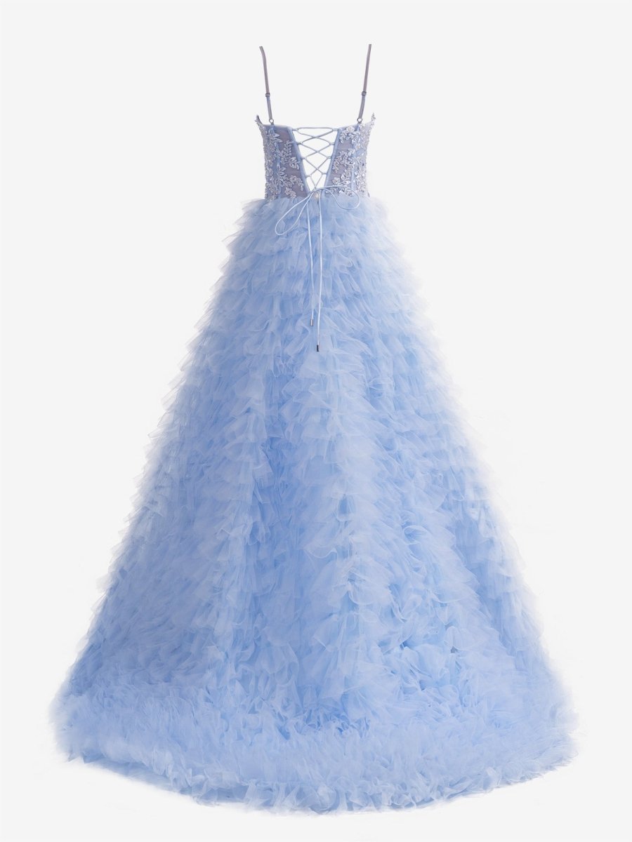 Jordan | Sky Blue A - Line Tiered Sequins Tulle Long Prom Dress - KissProm