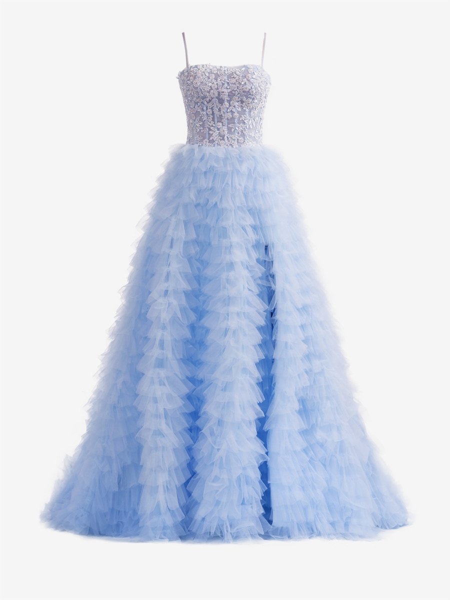 Jordan | Sky Blue A - Line Tiered Sequins Tulle Long Prom Dress - KissProm