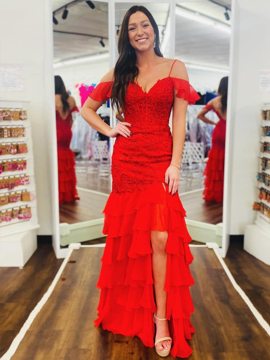 Kalel | Mermaid Cold Sleeves Red Lace Ruffle Prom Dress - KissProm