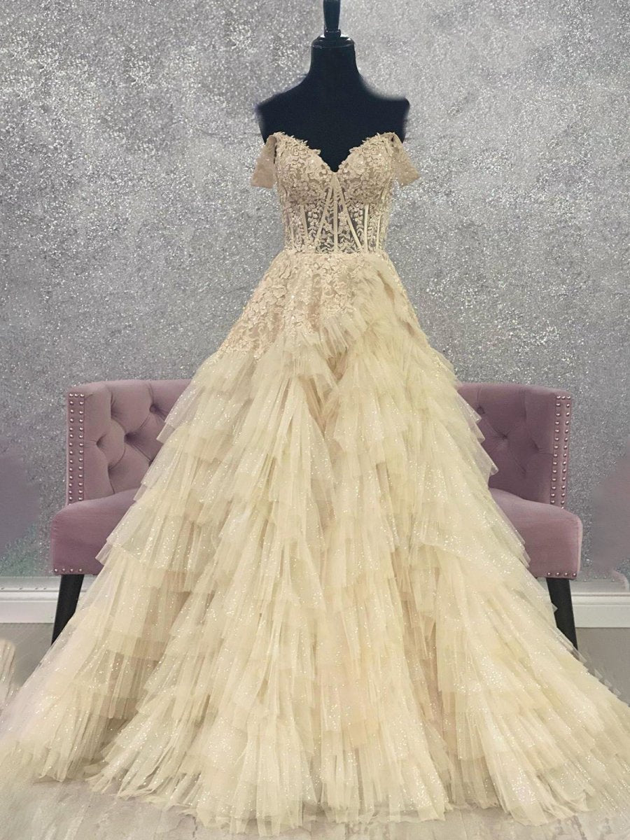 Kashi | Champagne Off the Shoulder Tulle Prom Dress With Appliques - KissProm