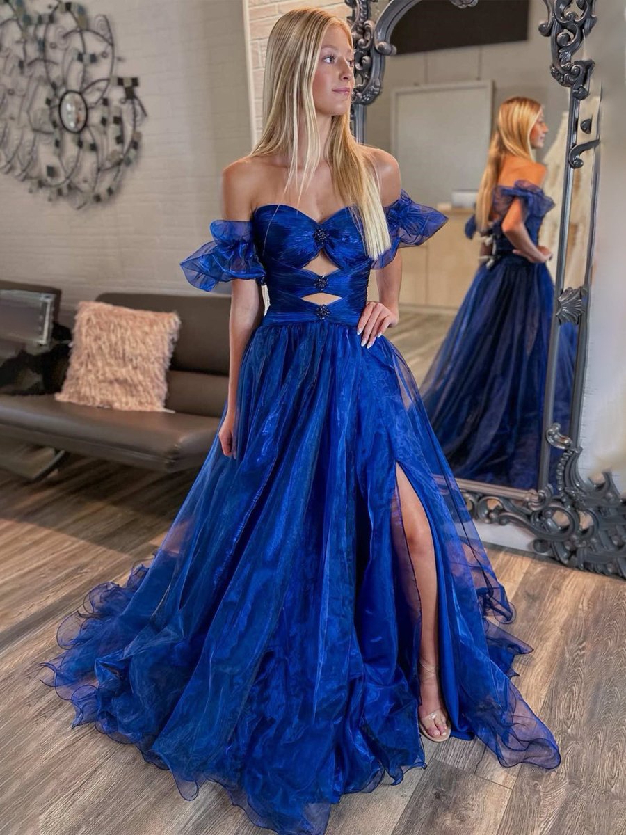 Keilani | Royal Blue Strapless Keyhole Balloon Sleeves Long Prom Dress - KissProm