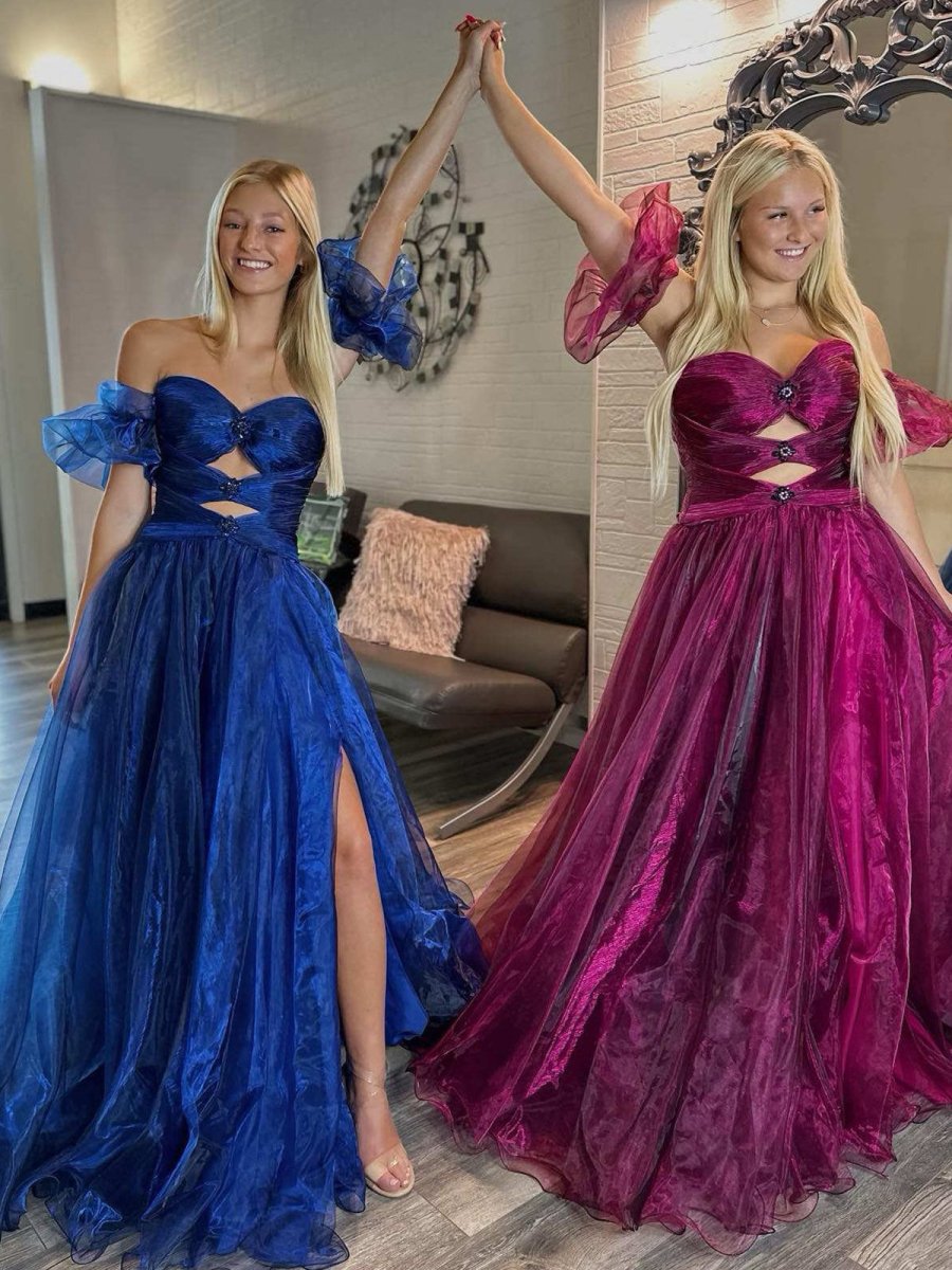 Keilani | Royal Blue Strapless Keyhole Balloon Sleeves Long Prom Dress - KissProm