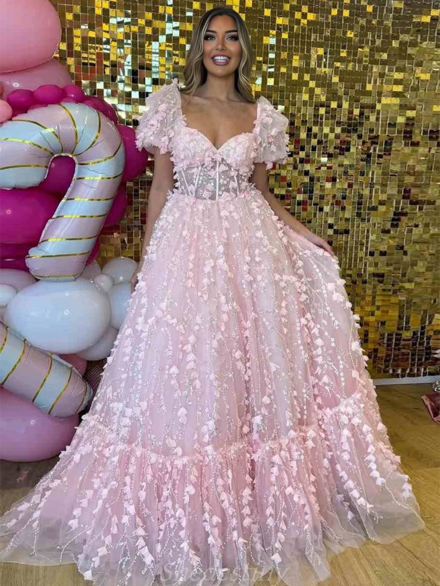 Keisha | Princess Pink Sweetheart Puffy Sleeeves Prom Dress with 3D Flower - KissProm