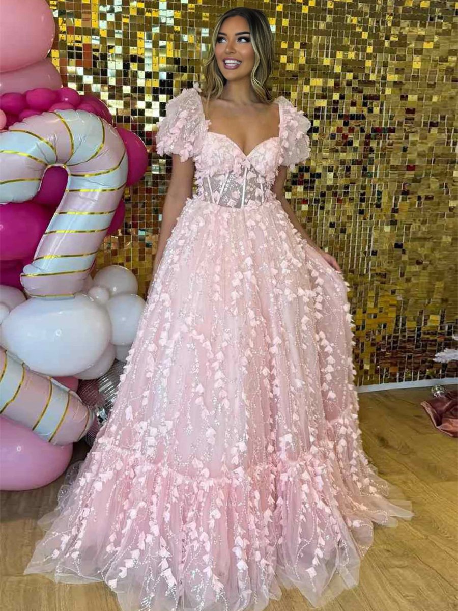 Keisha | Princess Pink Sweetheart Puffy Sleeeves Prom Dress with 3D Flower - KissProm