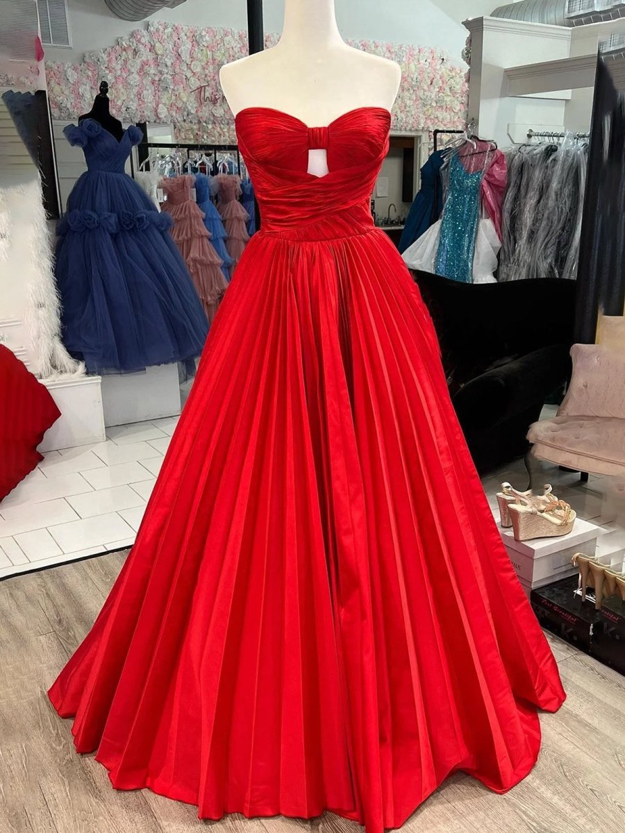 Kenji | Red Satin Strapless Keyhole Ball Gown - KissProm