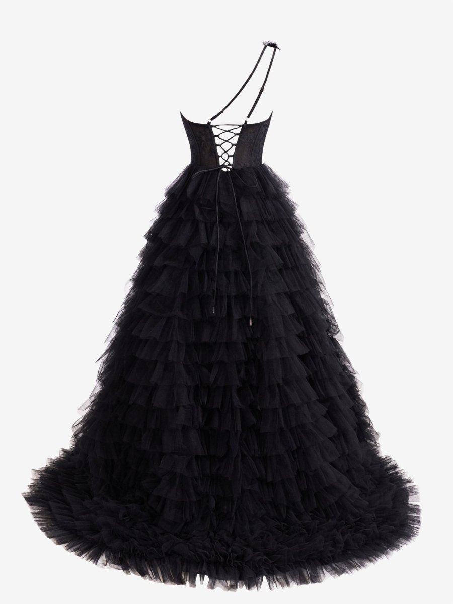 Kinsley | Black A Line One Shoulder Tiered Long Prom Dress - KissProm