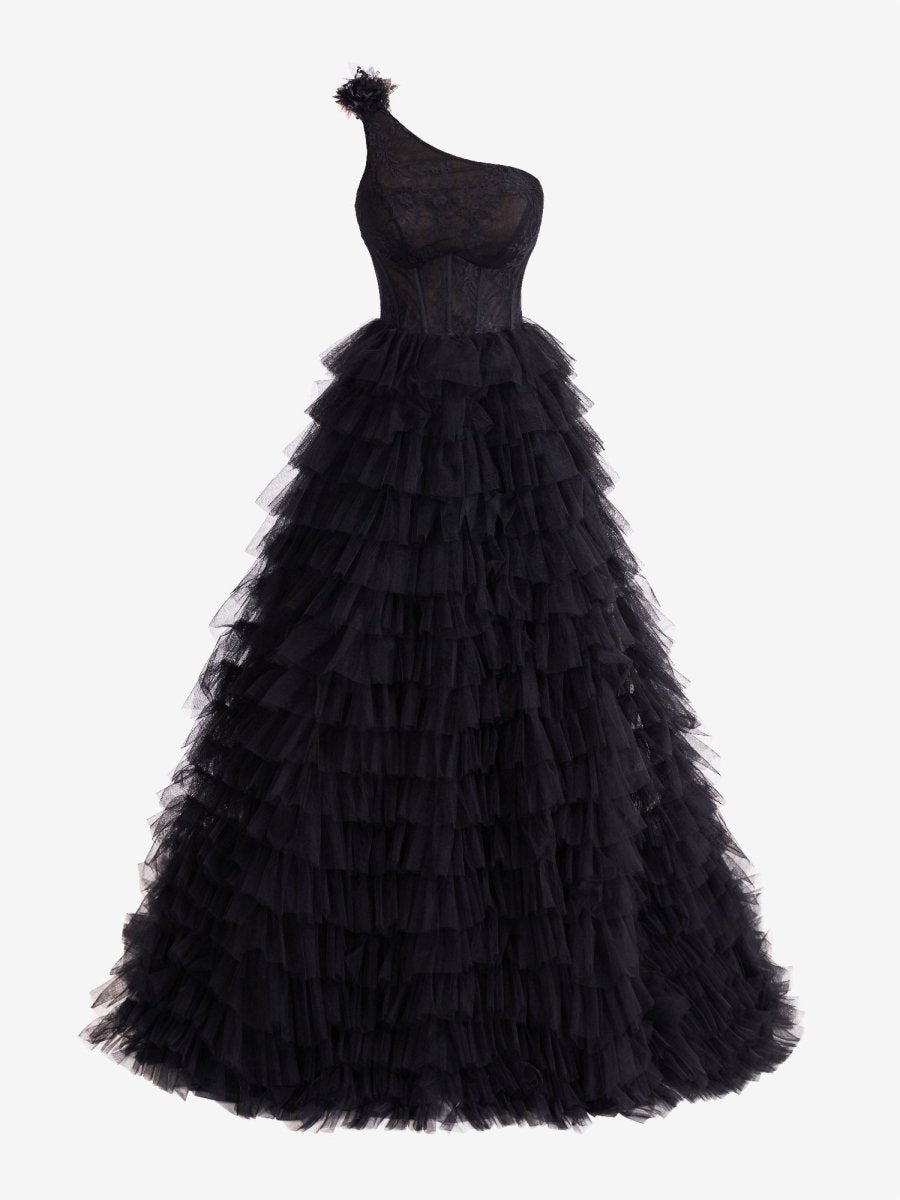 Kinsley | Black A Line One Shoulder Tiered Long Prom Dress - KissProm