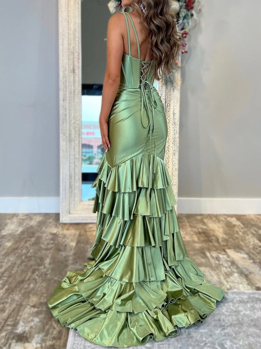 Kiran | Mermaid Sage V Neck Satin Long Prom Dress With Ruffle Skirt - KissProm